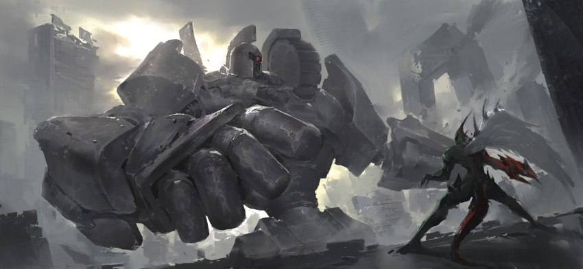 absurdres, ancient_gear_golem, duel_monster, elemental_hero_flame_wingman, fighting, highres, leo-dont-want-to-be-a-painter, no_humans, outdoors, yu-gi-oh!, yu-gi-oh!_gx