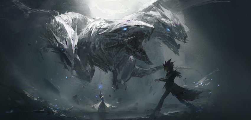 2boys, absurdres, arm_up, blue-eyes_ultimate_dragon, dragon, duel_monster, highres, kaiba_seto, leo-dont-want-to-be-a-painter, multiple_boys, mutou_yuugi, yu-gi-oh!, yu-gi-oh!_duel_monsters