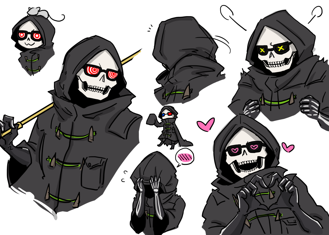 1boy, 3d_glasses, :3, :d, bone_print, chibi, coke-bottle_glasses, finger_heart