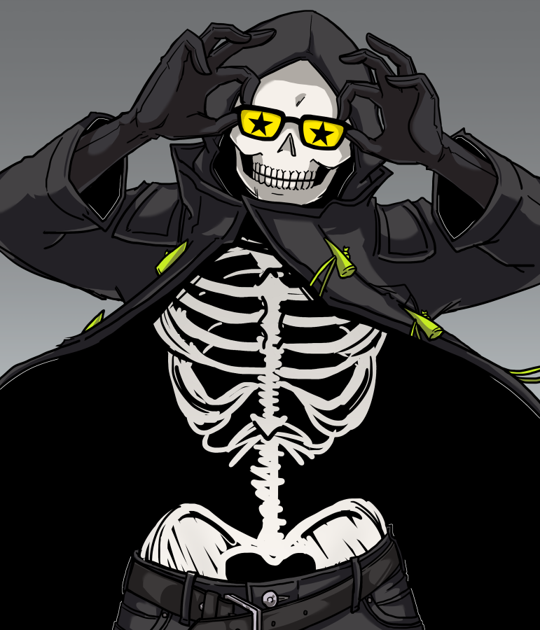 1boy, adjusting_eyewear, glasses, gloves, hood, hood_up, jacket, kyuu_(ost), let_it_die, male_focus, opaque_glasses, open_clothes, open_jacket, simple_background, skeleton, skull, solo, star_(symbol), star_print, uncle_death