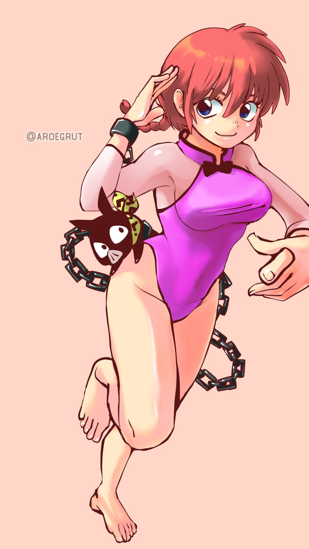 1girl, aroe_guruto, athletic_leotard, barefoot, blue_eyes, braid, braided_ponytail, breasts, chain, commentary_request, full_body, genderswap, genderswap_(mtf), highres, leotard, long_hair, long_sleeves, medium_breasts, p-chan, piglet, pink_background, pink_leotard, ranma-chan, ranma_1/2, redhead, salute, saotome_ranma, simple_background, twitter_username