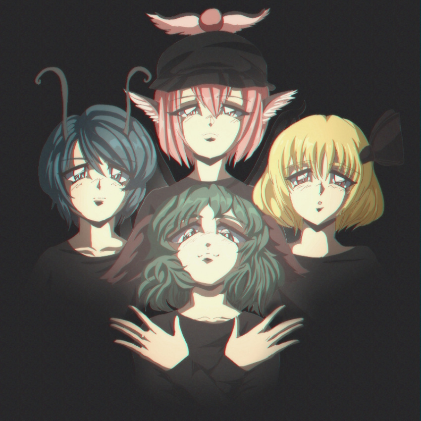 1990s_(style), 4girls, :o, album_cover, album_cover_redraw, animal_ears, antennae, bangs
