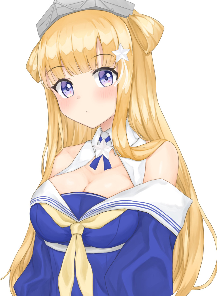 blonde_hair, blue_eyes, blue_shirt, breasts, double_bun, fletcher_(kancolle), hair_ornament, hair_ribbon