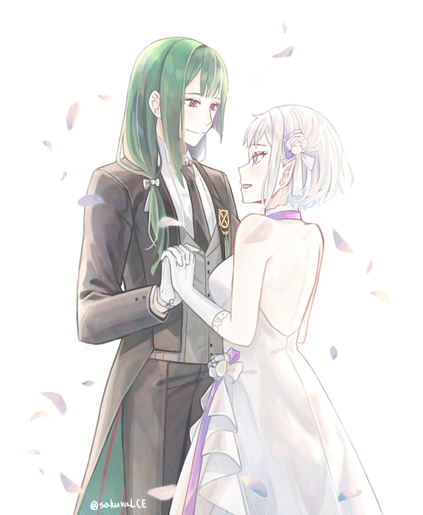 1boy, 1girl, bare_shoulders, closed_mouth, collar, couple, dress, flower, formal, fortuna_(re:zero), green_hair, hair_flower, hair_ornament, highres, lce, long_hair, low-tied_long_hair, necktie, open_mouth, petals, petelgeuse_romaneeconti, re:zero_kara_hajimeru_isekai_seikatsu, ribbon, rose, silver_hair, smile, suit, wedding, wedding_dress, white_flower, white_rose