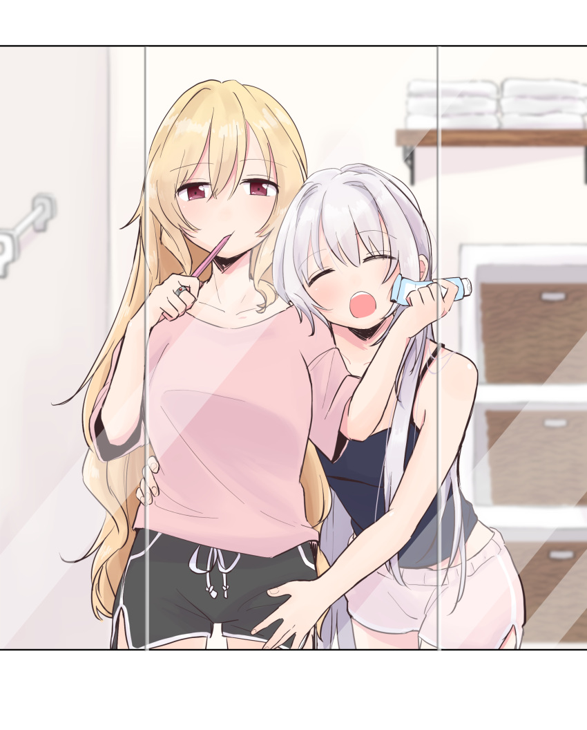 2girls, absurdres, bare_shoulders, bathroom, blonde_hair, brushing_teeth, casual, closed_eyes, efu_(9008230), highres, hug, magia_record:_mahou_shoujo_madoka_magica_gaiden, mahou_shoujo_madoka_magica, mirror, multiple_girls, open_mouth, red_eyes, shorts, sleeveless, togame_momoko, toothbrush, toothpaste, towel, white_hair, yakumo_mitama, yawning, yuri