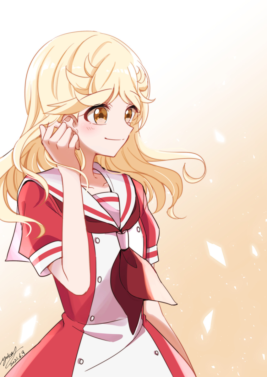 1girl, blonde_hair, closed_mouth, curly_hair, hand_on_ear, highres, inukai_michiru, munou_na_nana