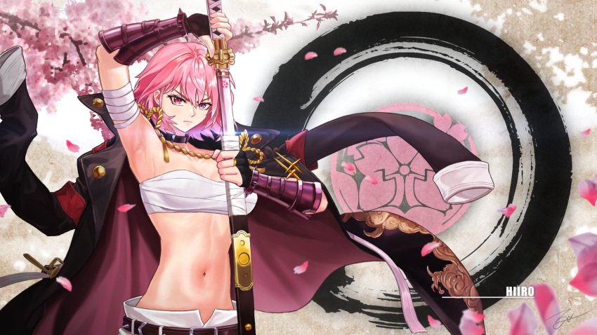 >:(, 1girl, alchemy_stars, arm_up, armpits, bandaged_arm, bandages, bandeau