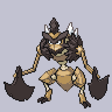 axe, black_eyes, commentary_request, full_body, grey_background, kleavor, legs_apart, lowres