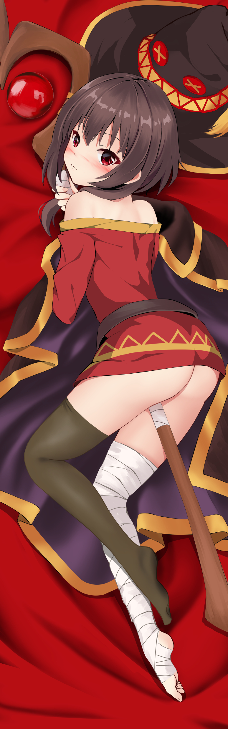 1girl, absurdres, ass, bandaged_leg, bandages, bangs, bare_shoulders, belt