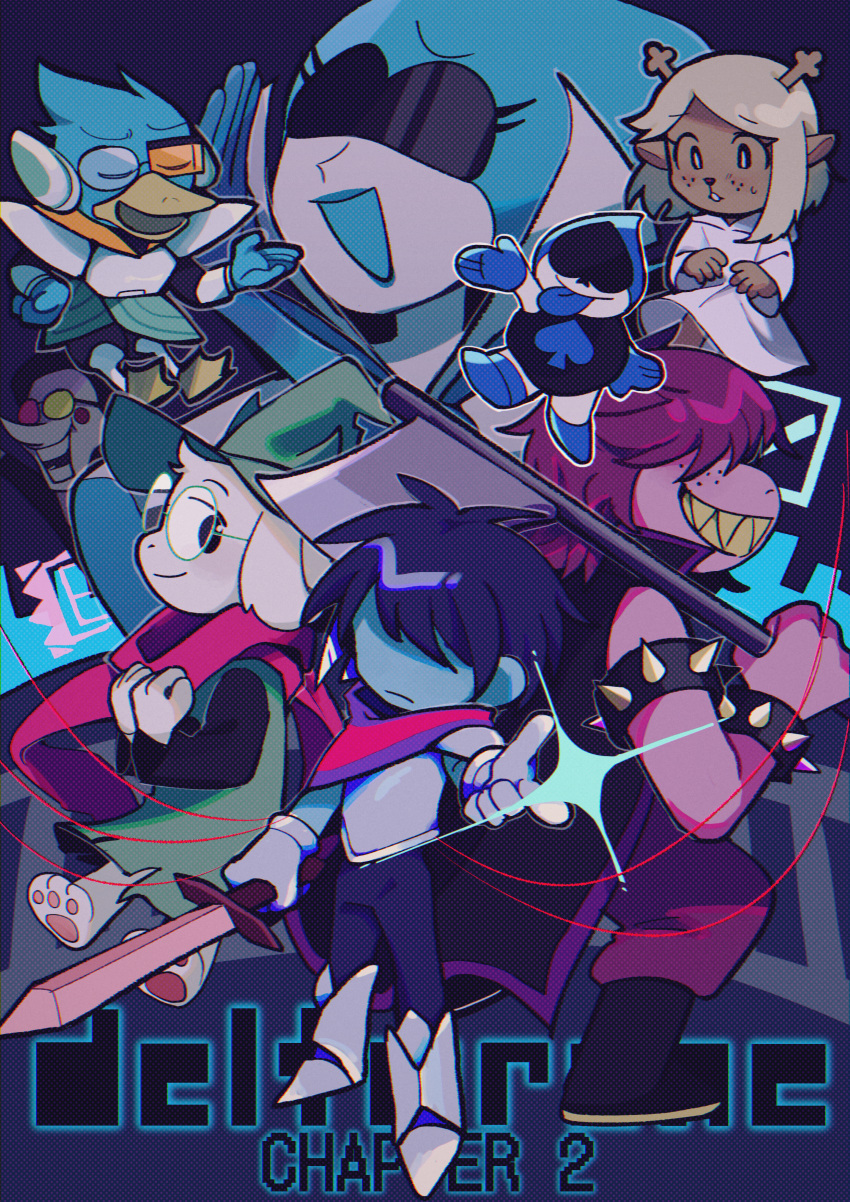 1other, 3girls, 4boys, absurdres, antlers, axe, beak, berdly_(deltarune)