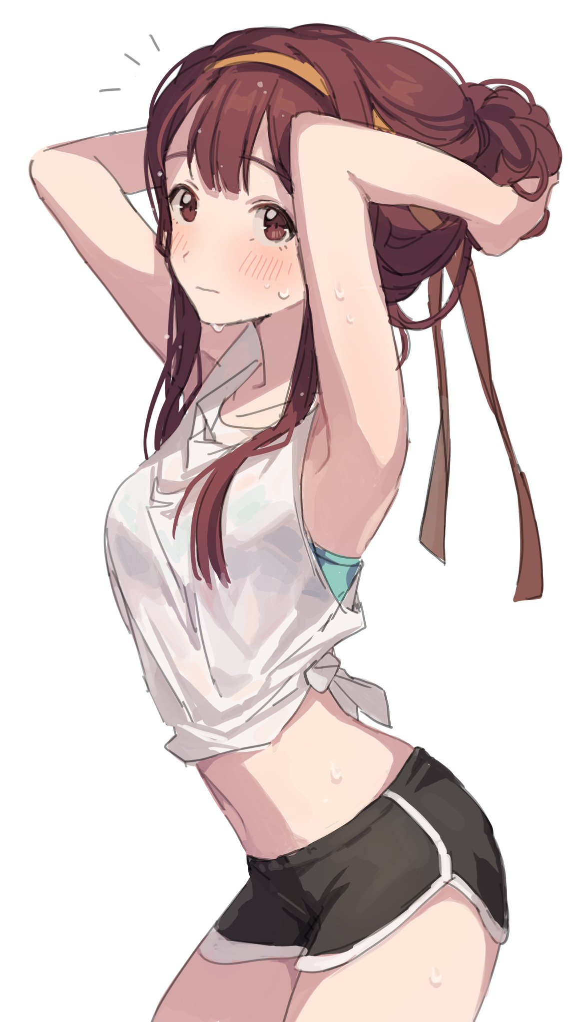 1girl, armpits, arms_up, black_shorts, blue_bra, blush, bra, brown_eyes, brown_hair, hano9789, headband, highres, idolmaster, idolmaster_million_live!, long_hair, see-through, see-through_shirt, shirt, short_shorts, shorts, simple_background, sleeveless, sleeveless_shirt, solo, sweat, sweatdrop, tanaka_kotoha, thighs, tied_shirt, tying_hair, underwear, white_background, white_shirt, yellow_headband