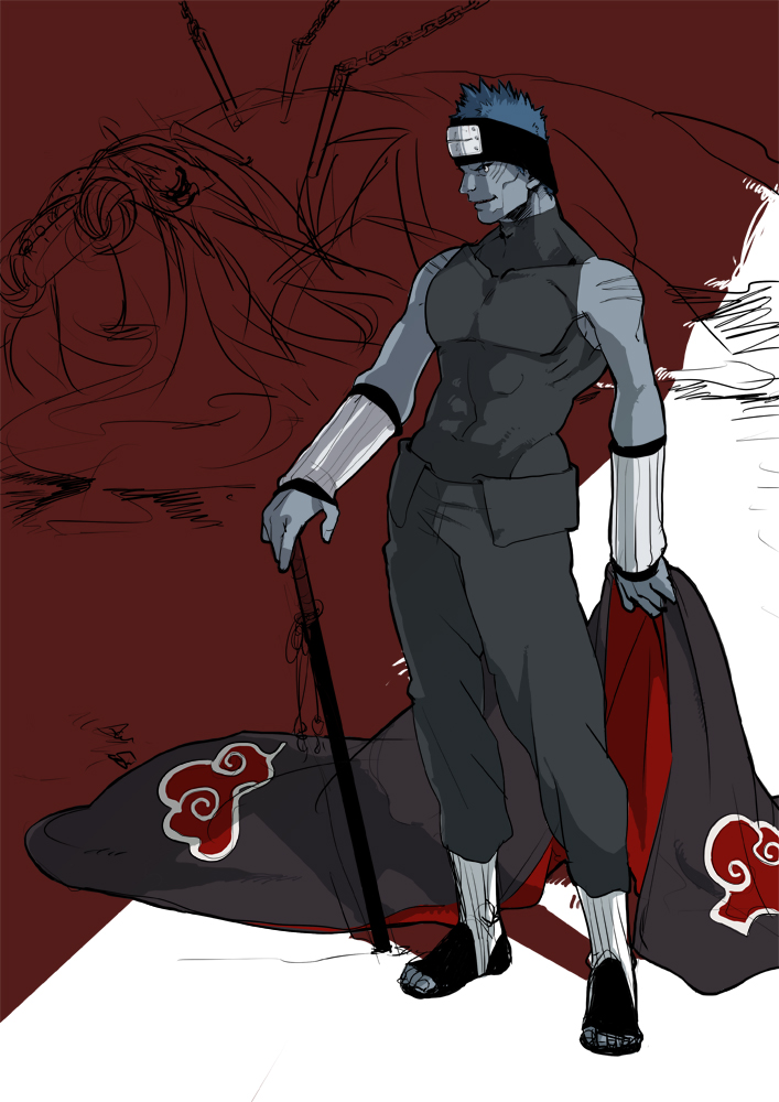 1boy, akatsuki_(naruto), blue_skin, cape, colored, facing_to_the_side, full_body, green_yossy