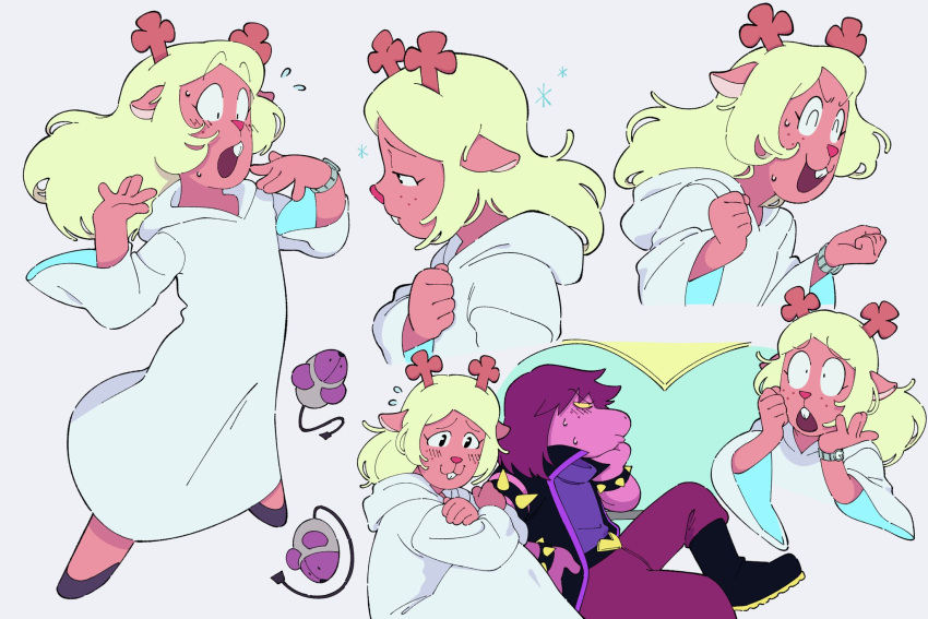 2girls, animal_ears, antlers, blonde_hair, bracelet, buck_teeth, colored_skin, deer_ears, deer_girl, deltarune, freckles, furry, highres, jewelry, long_hair, long_sleeves, luaudrey, maus_(deltarune), multiple_girls, multiple_views, noelle_holiday, noelle_holiday_(dark_world), reindeer_girl, robe, smile, spiked_bracelet, spikes, susie_(dark_world)_(deltarune), susie_(deltarune), utdr_(toby_fox), watch
