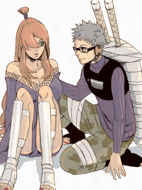 1boy, 1girl, blush, chojuro, cleavage, dress, earmuffs, earphones, female, glasses, green_yossy, hair_over_one_eye, leg_guards, long_hair, male, minidress, naruto, naruto_(series), naruto_shippuuden, short_hair, simple_background, sitting, smile, sword, sword_behind_back, terumi_mei, white_background