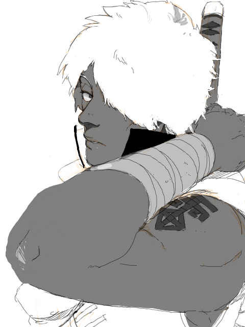 1boy, armband, colored, darui, facing_to_the_side, green_yossy, hair_over_one_eye, katana