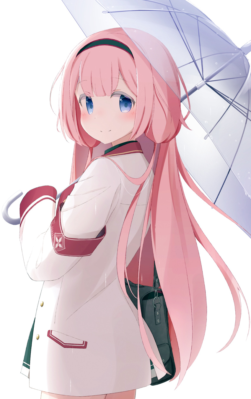 1girl, armband, bag, bangs, black_hairband, black_skirt, blue_eyes, eyebrows_visible_through_hair