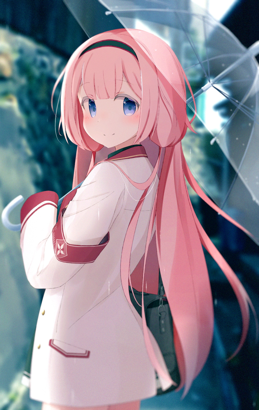 1girl, armband, bag, bangs, black_hairband, black_skirt, blue_eyes, blurry, blurry_background, eyebrows_visible_through_hair, hairband, highres, iyama_nami, jacket, long_hair, long_sleeves, looking_at_viewer, looking_back, miniskirt, nijisanji, outdoors, pink_hair, pleated_skirt, rain, school_bag, school_uniform, skirt, smile, solo, suou_sango, transparent, transparent_umbrella, umbrella, very_long_hair, virtual_youtuber, white_jacket