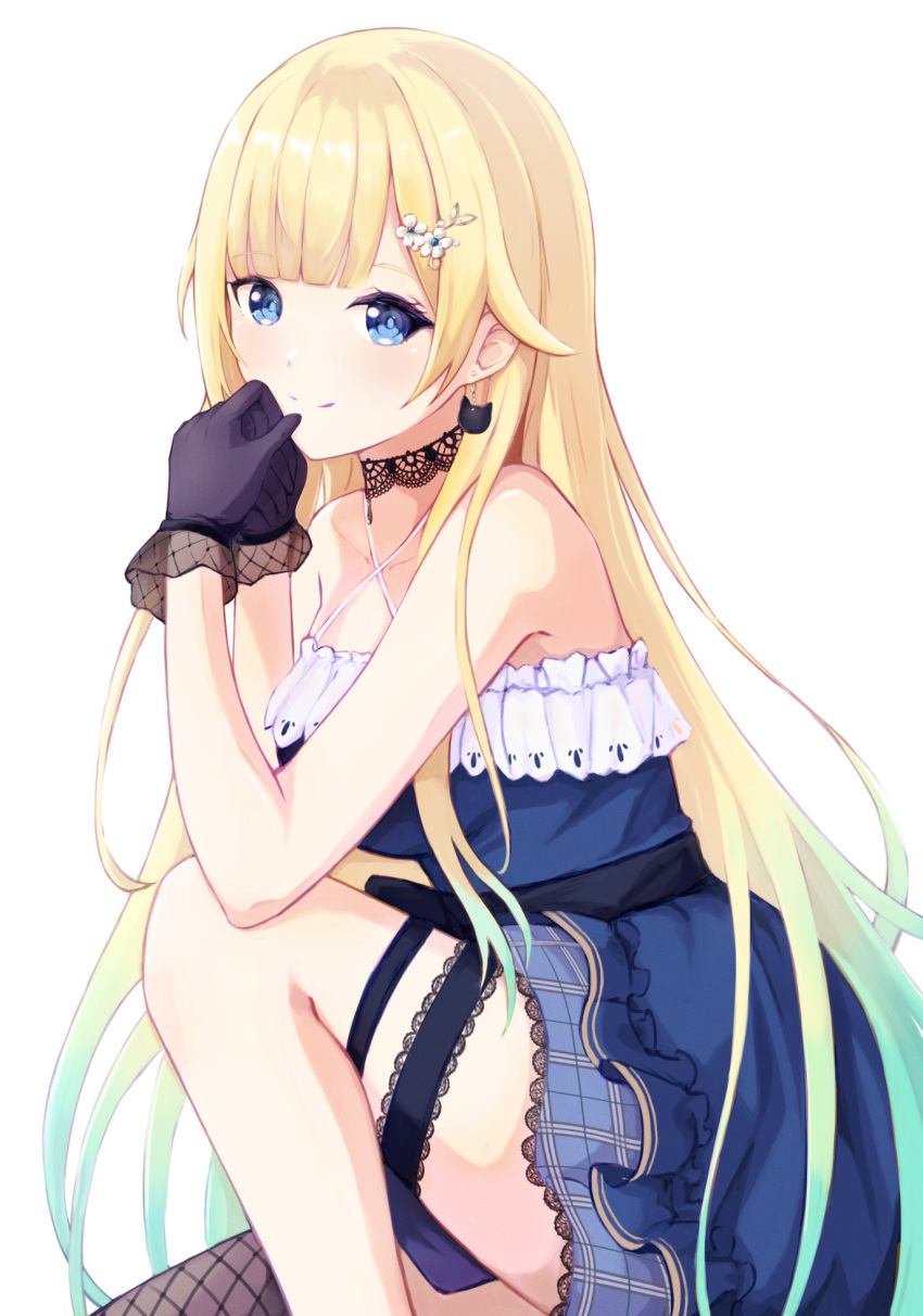 1girl, aizawa_ema, bangs, bare_shoulders, black_choker, black_gloves, black_legwear, blonde_hair