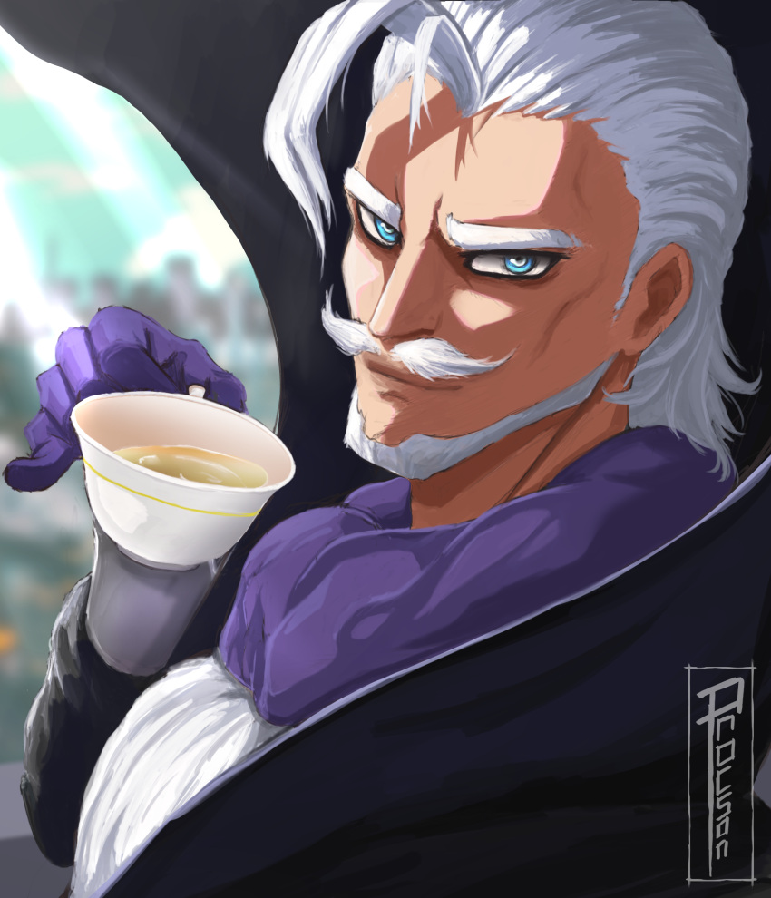 1boy, ahoge, artist_name, beard, black_cape, blue_eyes, boku_no_hero_academia, cape, cup, facial_hair, gentle_criminal, gloves, hair_slicked_back, highres, holding, holding_cup, long_hair, looking_at_viewer, male_focus, mustache, procsan, purple_gloves, solo, tea, teacup, upper_body, white_hair