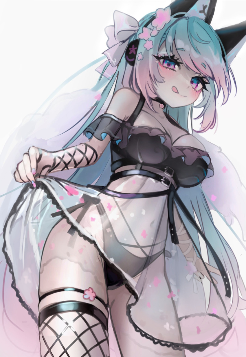 1girl, animal_ear_headphones, animal_ears, black_legwear, black_panties, blue_eyes, blue_hair, bow