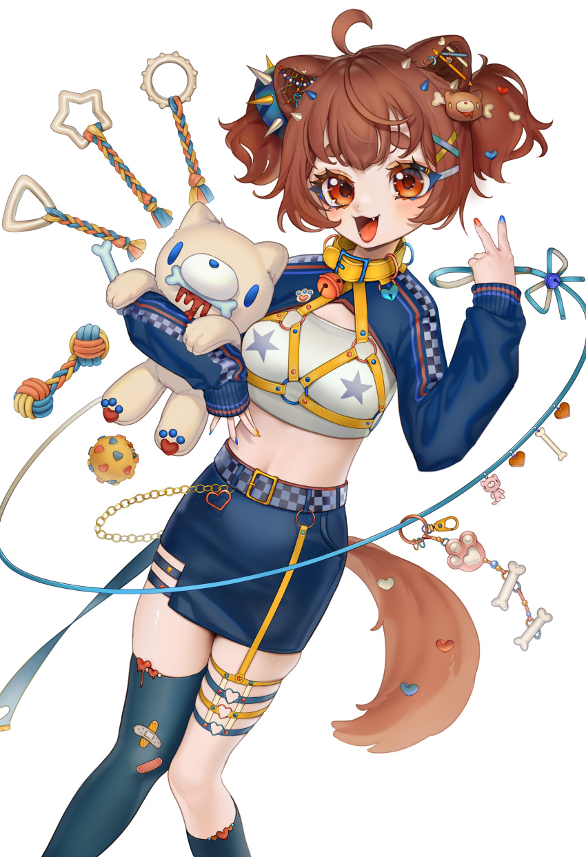 1girl, absurdres, ahoge, animal_ears, bandaid, bell, belt, blue_legwear, blue_nails, blue_skirt, bone, bone_hair_ornament, brown_hair, chain, chest_harness, commission, cropped_sweater, dog_ears, dog_girl, dog_hair_ornament, dog_tail, ear_piercing, gloomy_bear, hair_ornament, harness, heart, highres, holding, holding_stuffed_toy, indie_virtual_youtuber, kneehighs, leash, midriff, neck_bell, neko_neko_ne_katta, open_mouth, orange_eyes, orange_nails, pencil_skirt, piercing, simple_background, skeb_commission, skirt, sleeves_past_wrists, spikes, stuffed_animal, stuffed_toy, tail, thigh-highs, toy, twintails, white_background, x_hair_ornament, yellow_nails