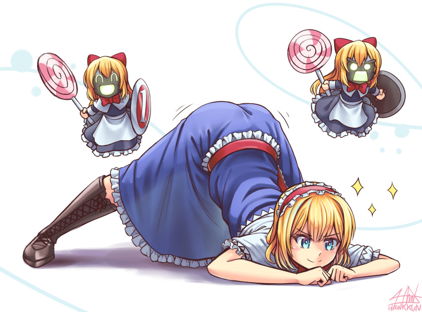 >:(, 1girl, ^_^, alice_margatroid, bangs, belt, blonde_hair, blue_dress, blush, boots, bow, brown_footwear, candy, capelet, closed_eyes, commentary_request, dress, food, frilled_capelet, frilled_dress, frilled_hairband, frills, full_body, hairband, highres, hourai_doll, jack-o'_challenge, lollipop, puffy_short_sleeves, puffy_sleeves, red_belt, red_bow, red_neckwear, senpaihawkkun, shadow, shanghai_doll, shield, short_hair, short_sleeves, signature, simple_background, smile, solo, sparkle, touhou, v-shaped_eyebrows, white_background