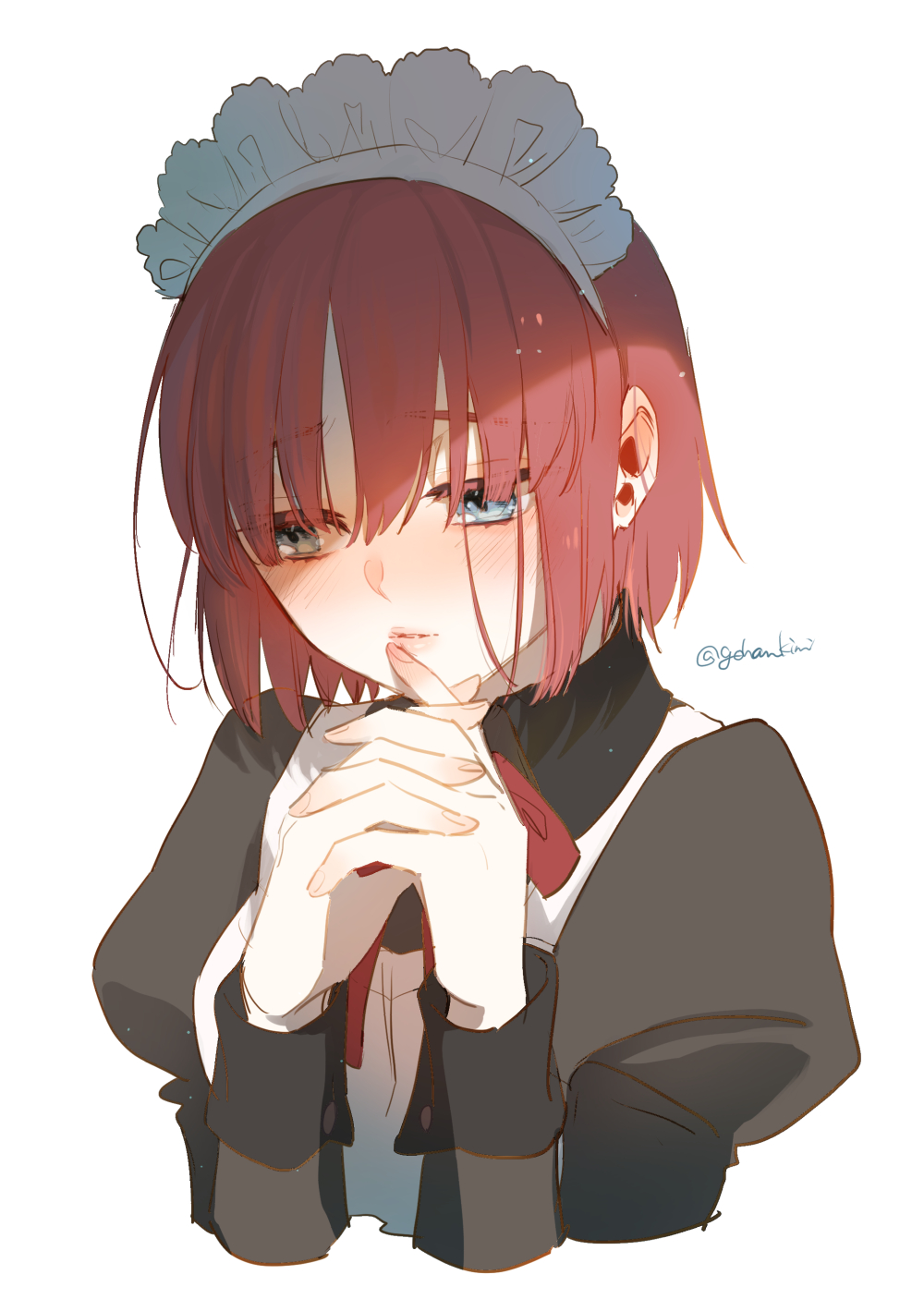 1girl, apron, bangs, black_dress, blue_eyes, blush, bow, bowtie
