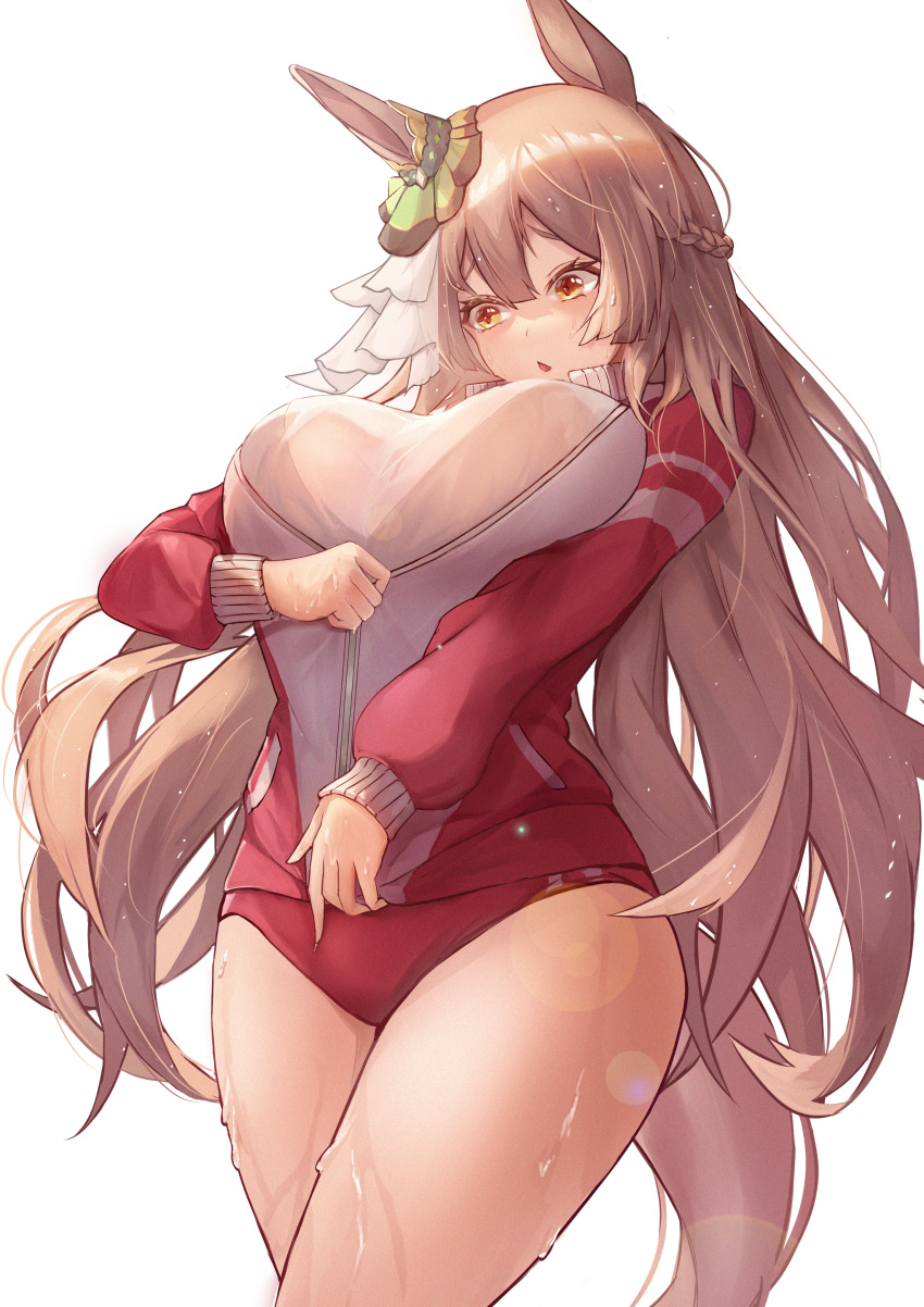 1girl, absurdres, animal_ears, bra_through_clothes, braid, breast_lift, breast_squeeze, breasts