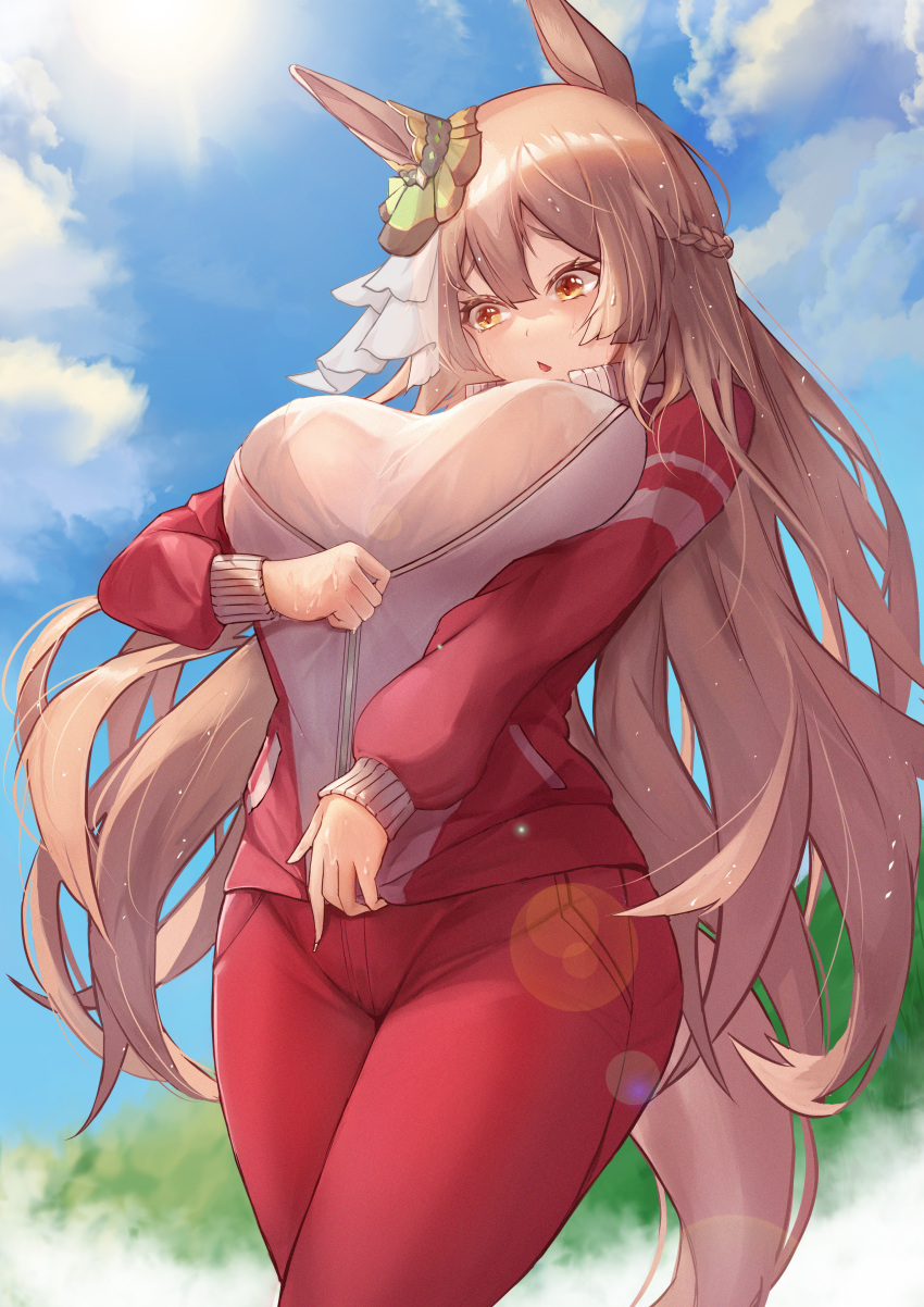 1girl, absurdres, animal_ears, bra_through_clothes, braid, breast_lift, breast_squeeze, breasts