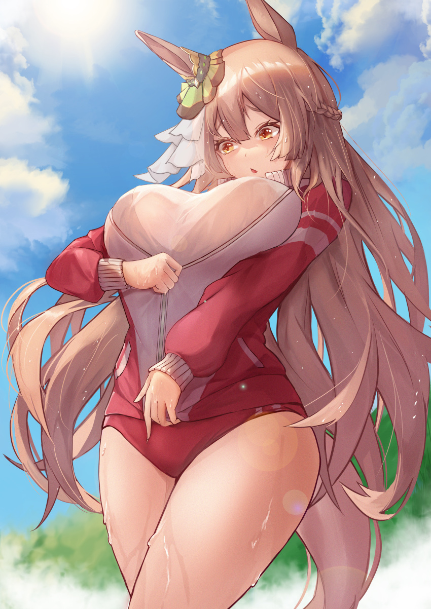 1girl, absurdres, animal_ears, bra_through_clothes, braid, breast_lift, breast_squeeze, breasts