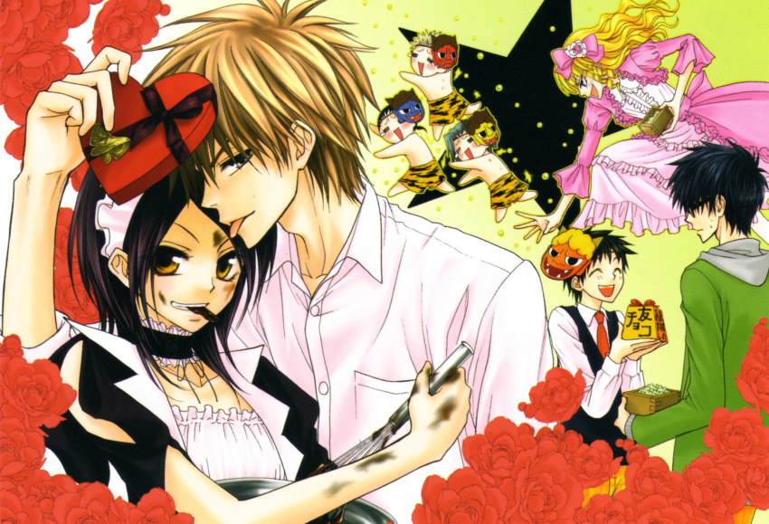 ayuzawa_misaki, black_hair, blonde_hair, blush, brown_hair, chibi, crying, dress, flower, glasses, group, hyoudou_aoi, kaichou_wa_maid_sama, kanou_soutarou, kurosaki_ryuunosuke, long_hair, maid, mask, ribbons, rose, sarashina_ikuto, scan, shirakawa_naoya, short_hair, trap, usui_takumi, yukimura_shouichirou