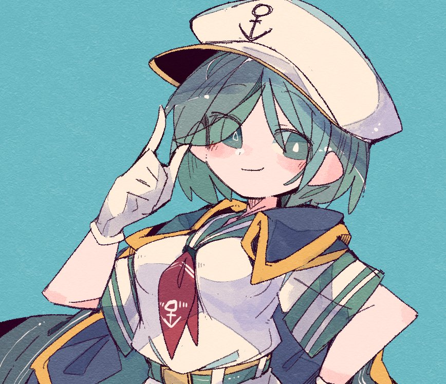 1girl, anchor_symbol, bangs, belt, black_jacket, blue_background, breasts, cabbie_hat