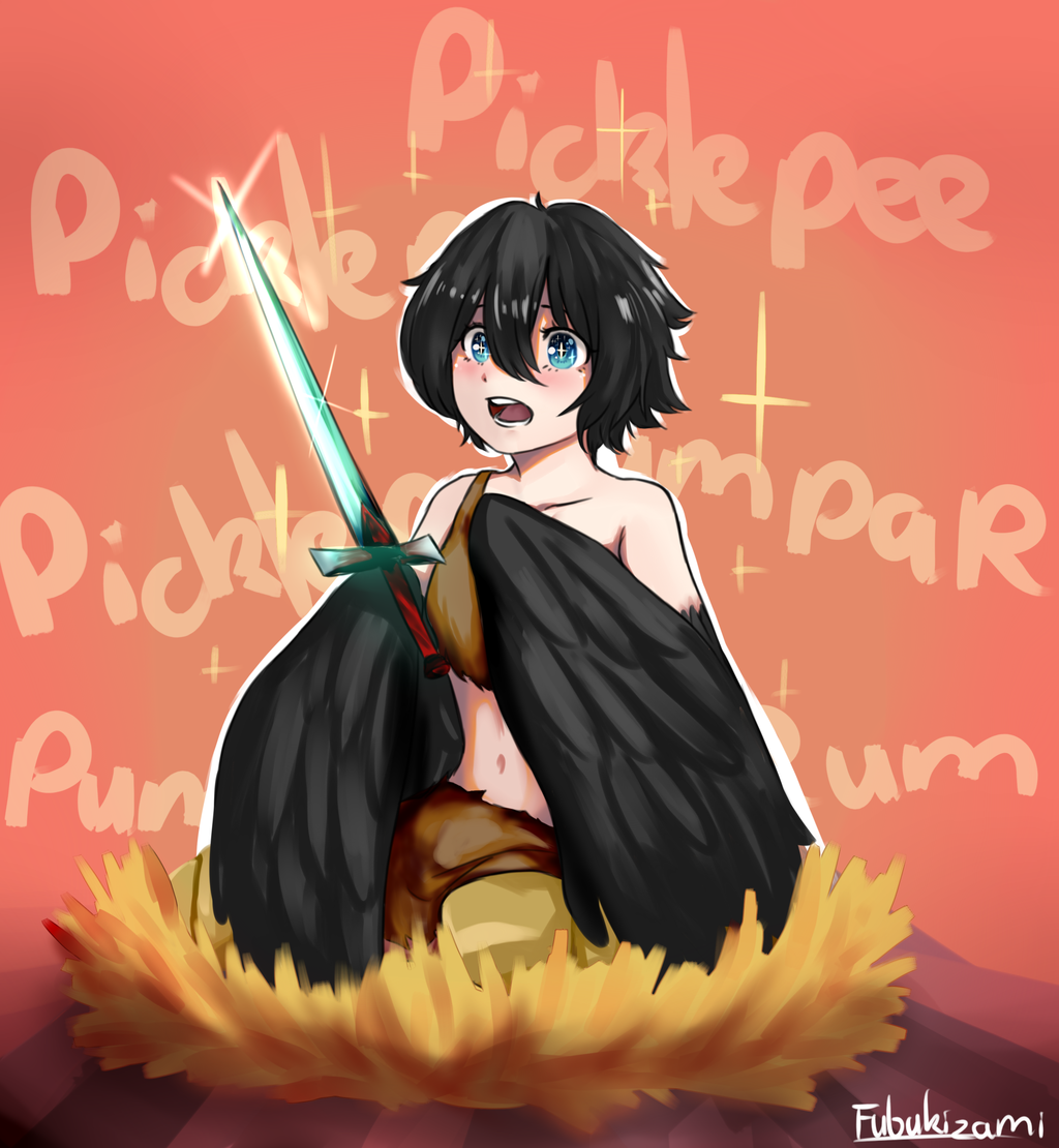 1girl, artist_name, bangs, bare_shoulders, bird_legs, black_hair, black_wings, blue_eyes