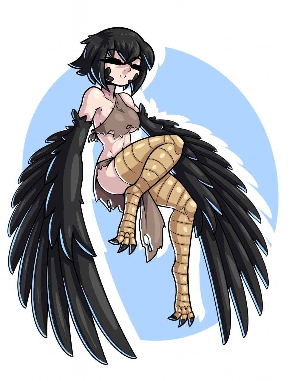 1girl, bangs, bare_shoulders, bird_legs, black_feathers, black_hair, black_wings, blue_background