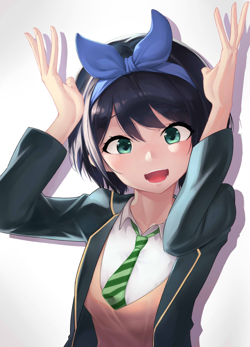 1girl, absurdres, arms_up, bangs, black_hair, blazer, blue_hairband, blue_ribbon
