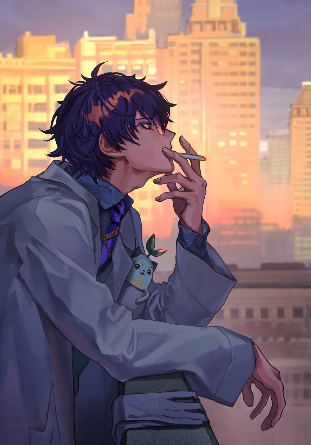 1boy, building, cigarette, city, cityscape, eyelashes, gloves, gloves_removed