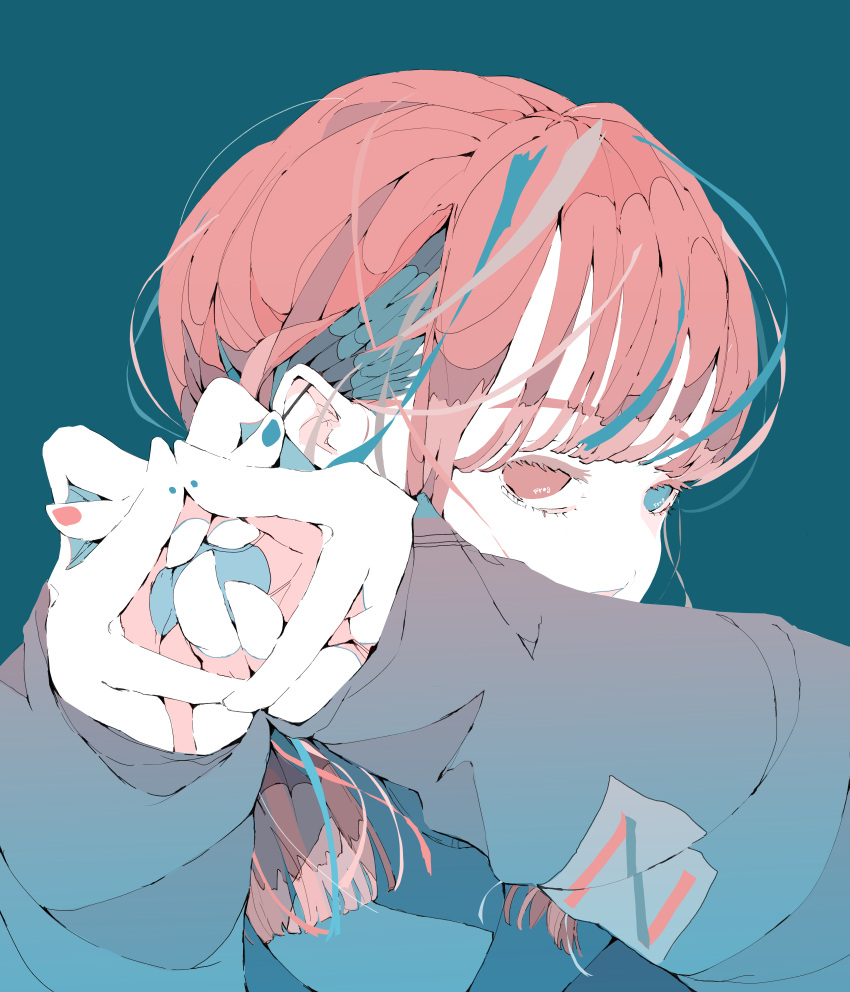 1girl, absurdres, bangs, blue_background, blue_eyes, blue_hair, blunt_bangs, covered_mouth