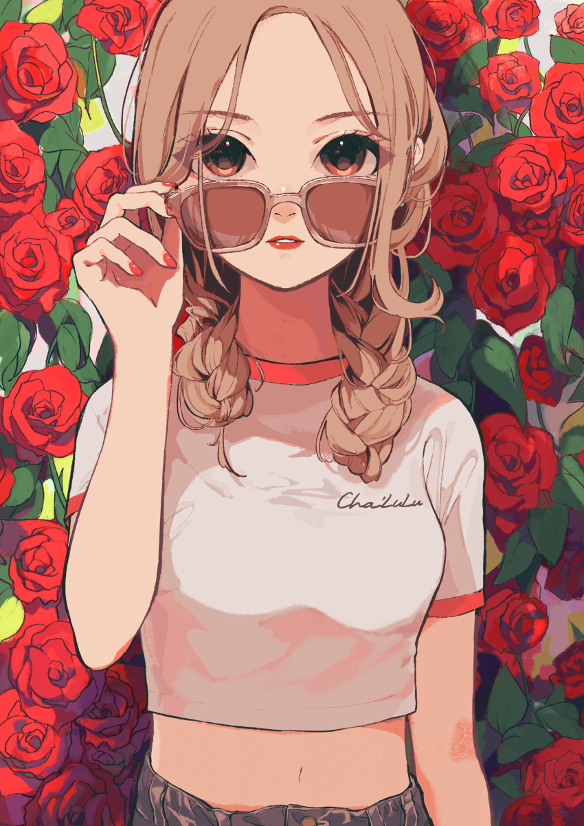 1girl, absurdres, adjusting_eyewear, arm_at_side, arm_up, bangs, braid, breasts