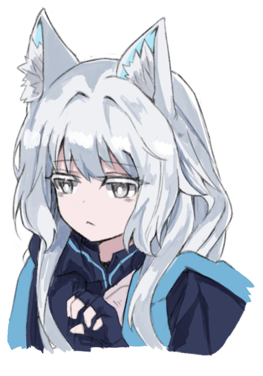 1girl, :<, animal_ear_fluff, animal_ears, arknights, black_eyes, blue_gloves, blue_jacket, cat_ears, commentary_request, cropped_torso, eyebrows_visible_through_hair, fingerless_gloves, gloves, grey_hair, hand_up, highres, jacket, korean_commentary, lancer_(worudrleh1), long_hair, portrait, rosmontis_(arknights), sidelocks, simple_background, solo, white_background