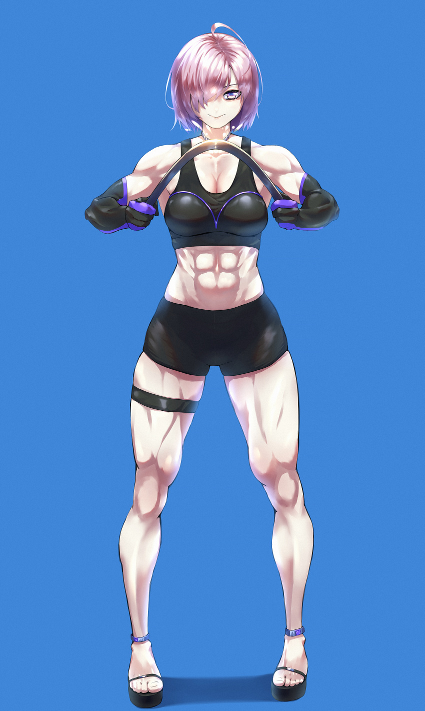 1girl, abs, absurdres, bike_shorts, black_sports_bra, breasts, elbow_gloves, fate/grand_order