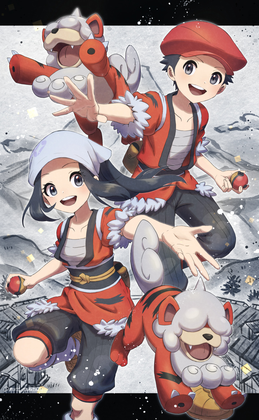 1boy, 1girl, :d, akari_(pokemon), black_hair, brown_footwear, collarbone, commentary_request, eyelashes, floating_hair, grey_shorts, hat, head_scarf, highres, hisuian_form, hisuian_growlithe, holding, holding_poke_ball, jacket, leg_up, long_hair, mato., open_mouth, orange_jacket, poke_ball, poke_ball_(legends), pokemon, pokemon_(creature), pokemon_(game), pokemon_legends:_arceus, rei_(pokemon), sarashi, sash, shoes, shorts, sidelocks, smile, spread_fingers, tongue, upper_teeth, white_headwear