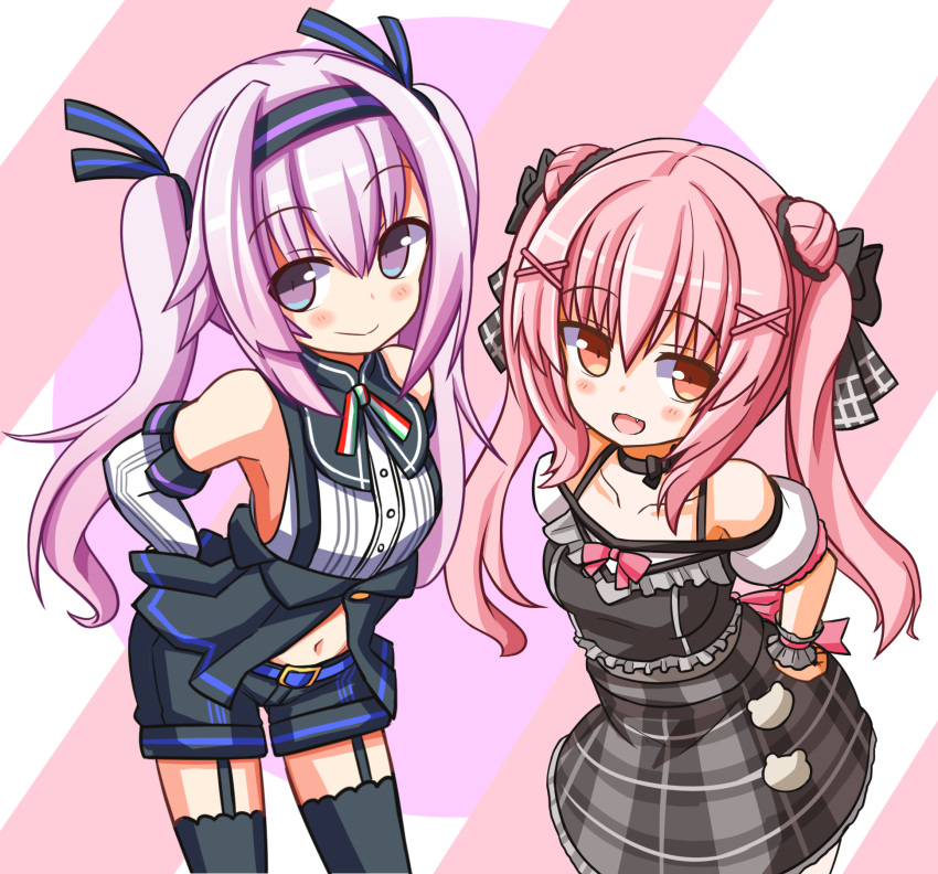 .live, 2girls, alternate_hairstyle, armpits, blush, carro_pino, collarbone, commentary_request