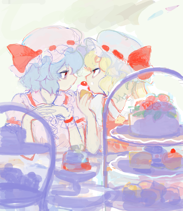 2girls, archived_source, backlighting, bangs, blonde_hair, blue_hair, cake, cherry