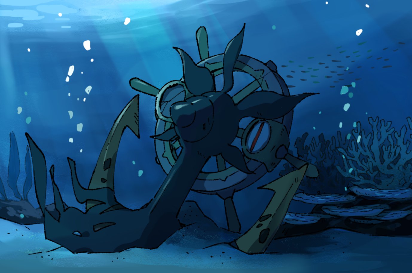 air_bubble, anchor, bubble, coral, dhelmise, light_rays, mashita._(mentaiko_omoti), no_humans, pokemon, pokemon_(creature), red_eyes, sand, single_eye, solo, underwater