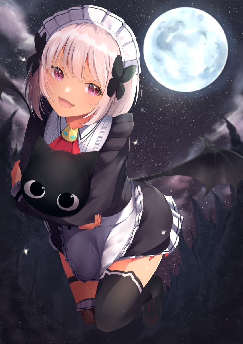 1girl, :d, absurdres, animal_ear_legwear, apron, asymmetrical_legwear, bangs, black_bow