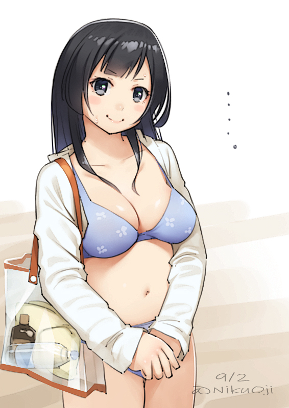 ..., 1girl, agano_(kancolle), bag, bikini, black_eyes, black_hair, blue_bikini