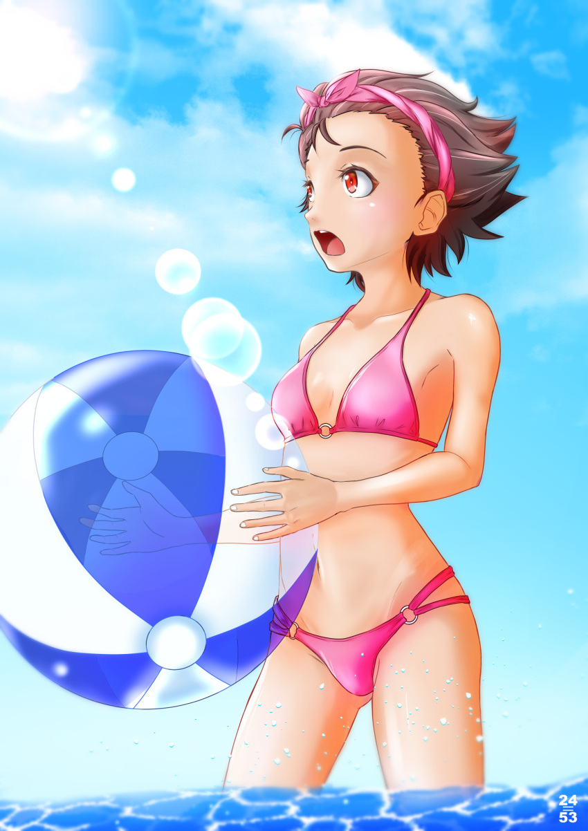 1girl, alternate_costume, ass_visible_through_thighs, ball, beachball, bikini, blue_sky, breasts