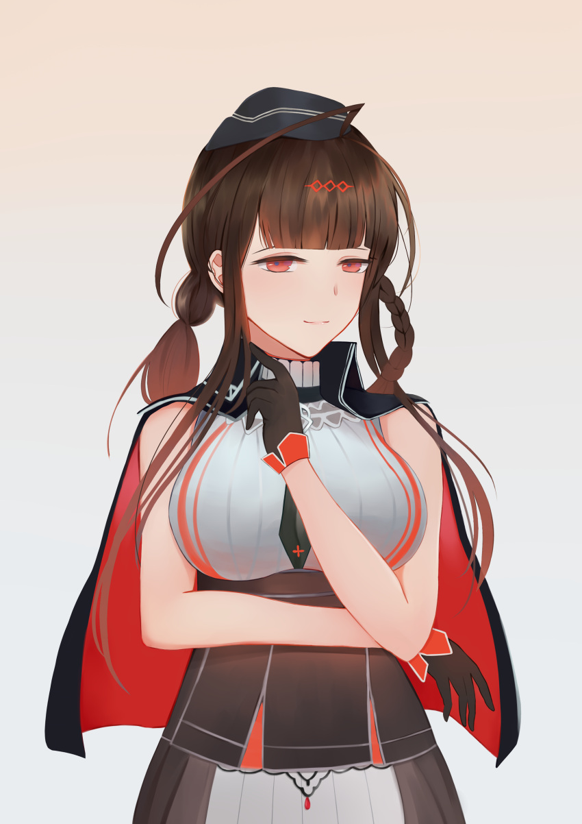 1girl, absurdres, black_gloves, braid, breasts, brown_hair, closed_mouth, crossed_arms, dsr-50_(girls'_frontline), eyebrows_visible_through_hair, girls_frontline, gloves, hair_ornament, hairclip, hat, highres, kanna_(kanna2333), large_breasts, long_hair, looking_at_viewer, military, military_hat, military_uniform, necktie, red_eyes, smile, solo, uniform, upper_body, white_background