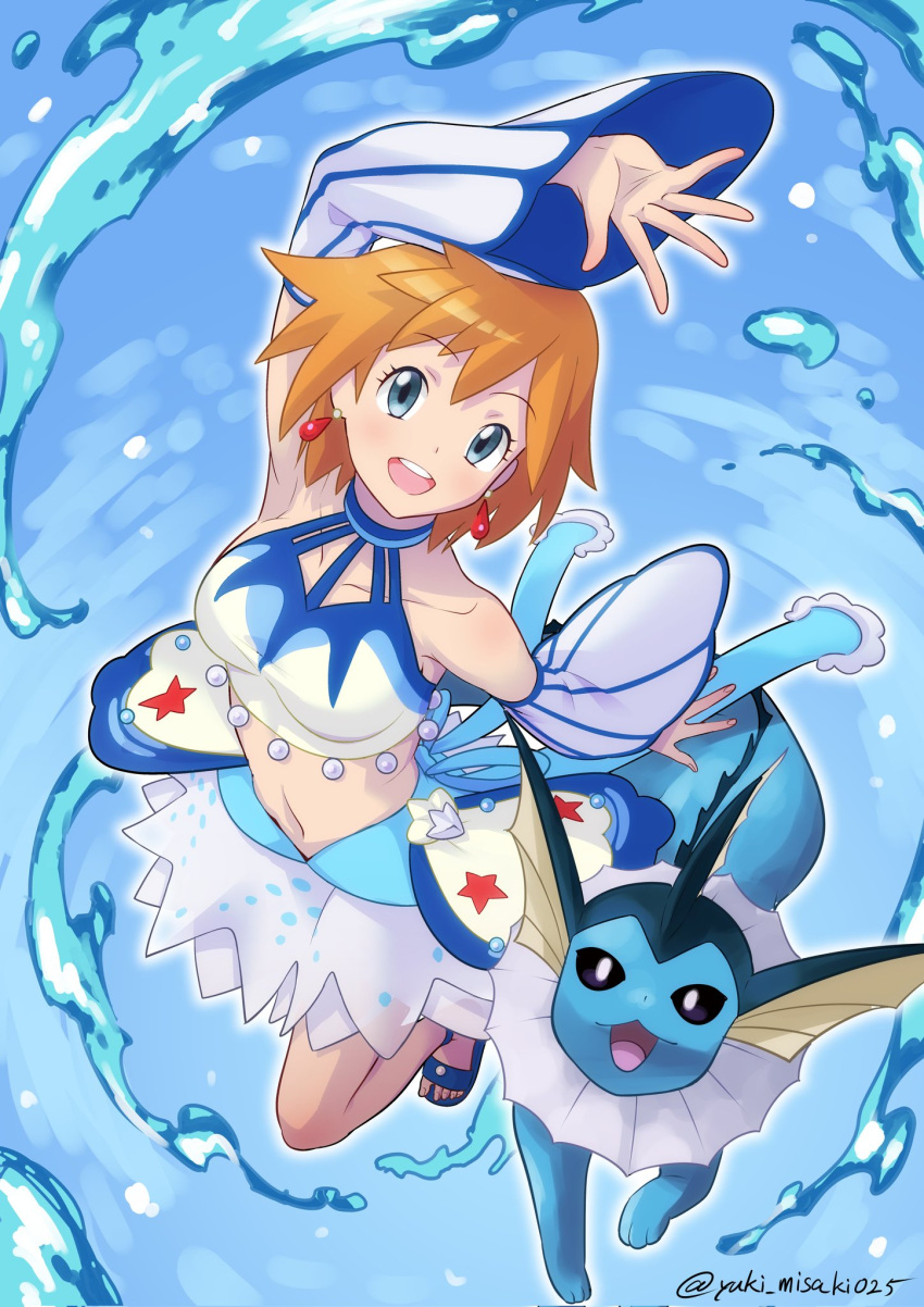 1girl, arm_up, bangs, bare_shoulders, breasts, collarbone, commentary_request, detached_sleeves, eyelashes, grey_eyes, highres, looking_at_viewer, misaki_yuuki, misty_(pokemon), navel, official_alternate_costume, open_mouth, orange_hair, pokemon, pokemon_(creature), pokemon_(game), pokemon_masters_ex, sandals, short_hair, smile, toes, tongue, twitter_username, upper_teeth, vaporeon, water, water_drop