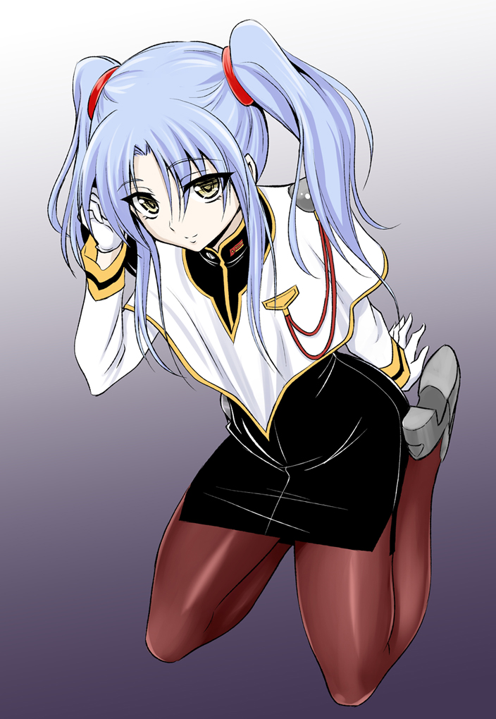 1girl, aoki_kanji, black_skirt, blue_hair, capelet, closed_mouth, gloves, gradient